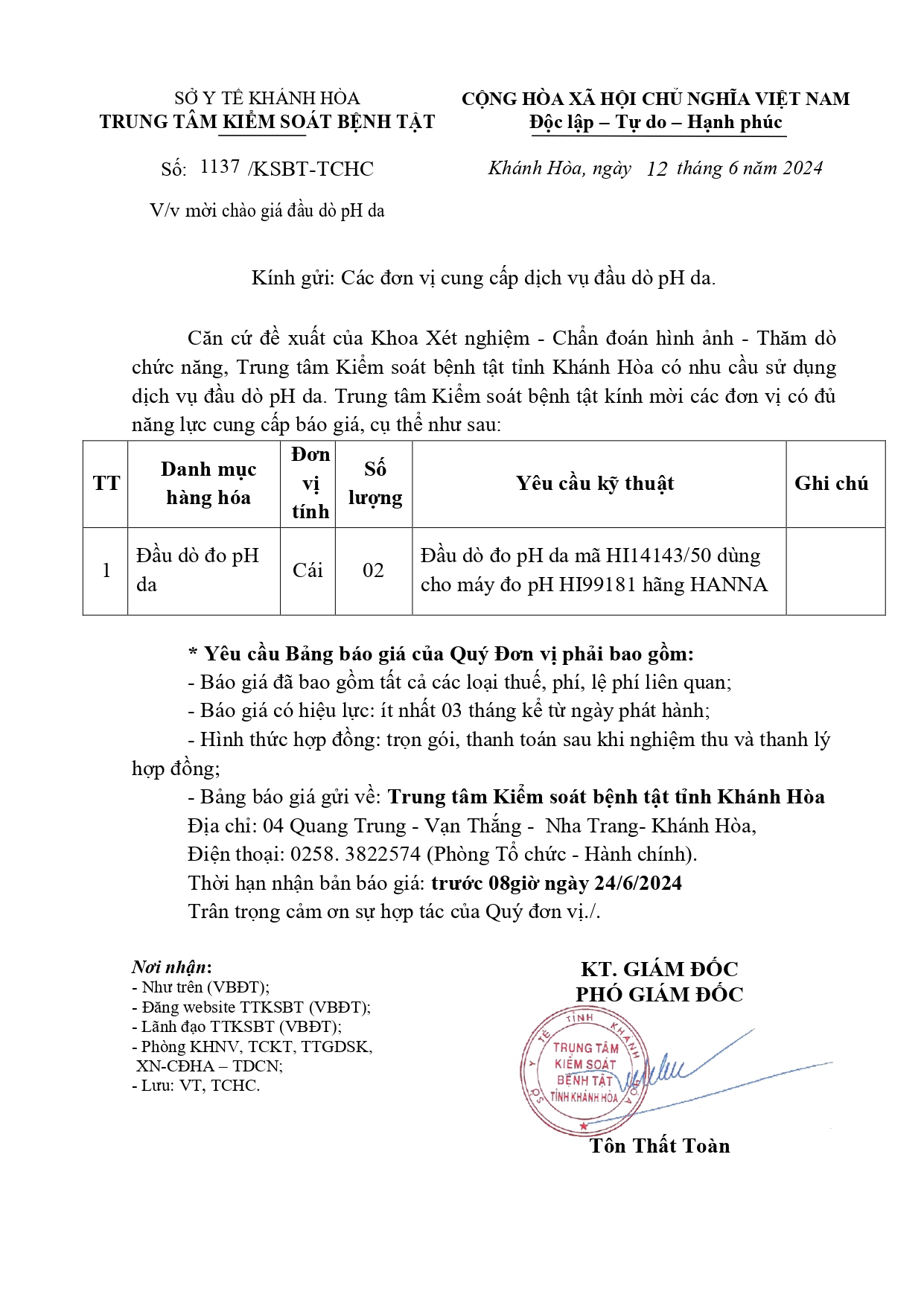 V/v mời chào giá đầu dò pH da